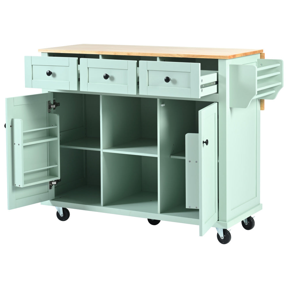 53.1″ Rolling Kitchen Island with Rubberwood Drop-Leaf Countertop - TimberFlare