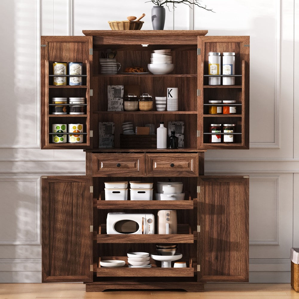 Walnut Pantry Cabinet with Pull-Out Shelves & Door Racks - TimberFlare