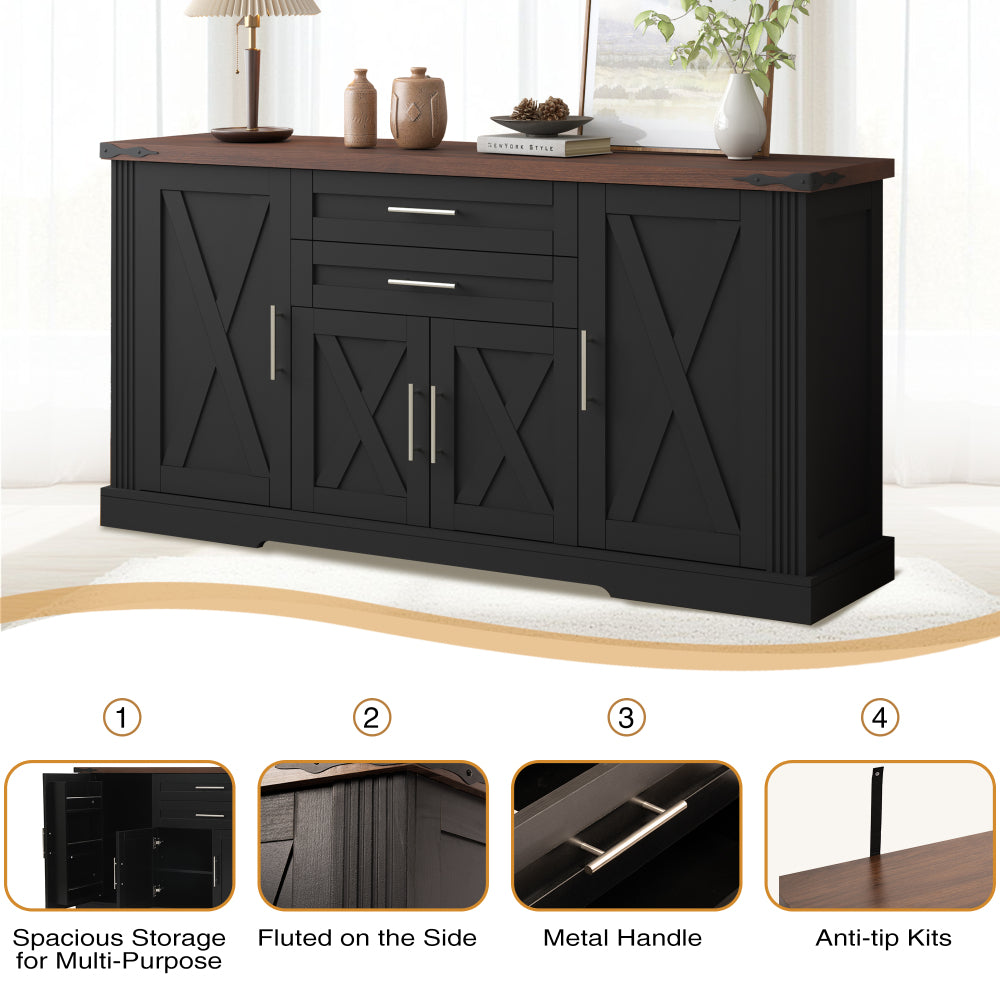 63'' W Farmhouse Sideboard with 4 Barn Doors - TimberFlare