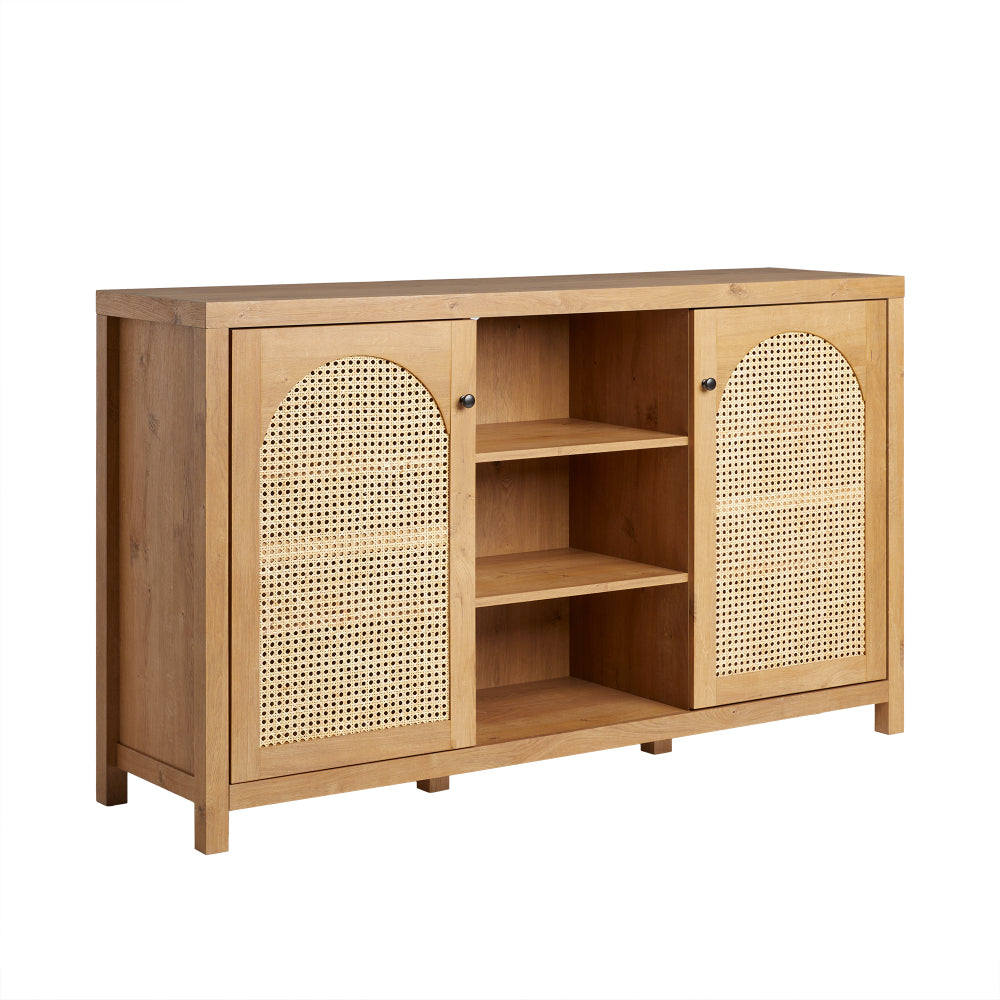58″ Sideboard with Arched Rattan Doors and Open Shelves