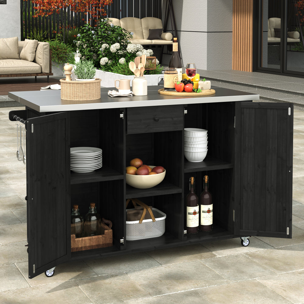 Outdoor Kitchen Island Fir Wood with Stainless Steel Top, Storage & Bottle Opener - TimberFlare
