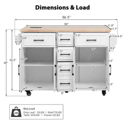 56.5" Rolling Kitchen Island with Charging - TimberFlare
