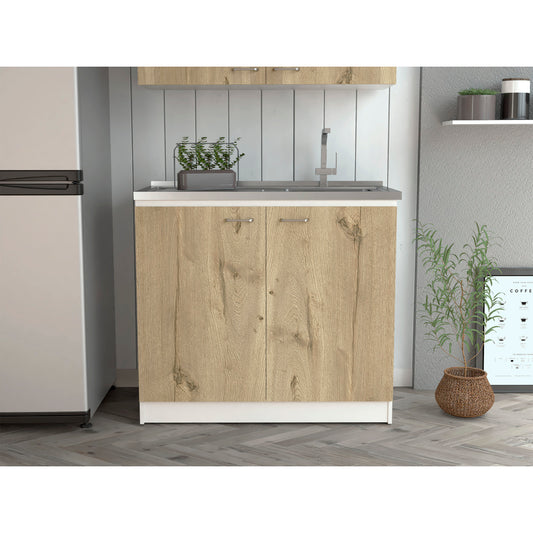 White & Oak Coffee Bar Cabinet with Sink & Stainless Steel Top - TimberFlare