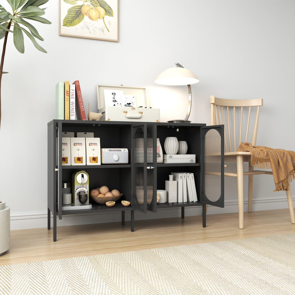 Black Metal Sideboard Cabinet with Fluted Glass Doors - TimberFlare