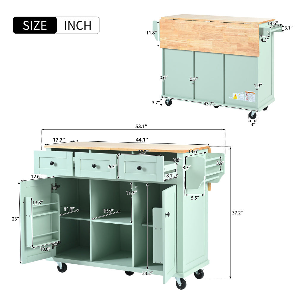 53.1″ Rolling Kitchen Island with Rubberwood Drop-Leaf Countertop - TimberFlare