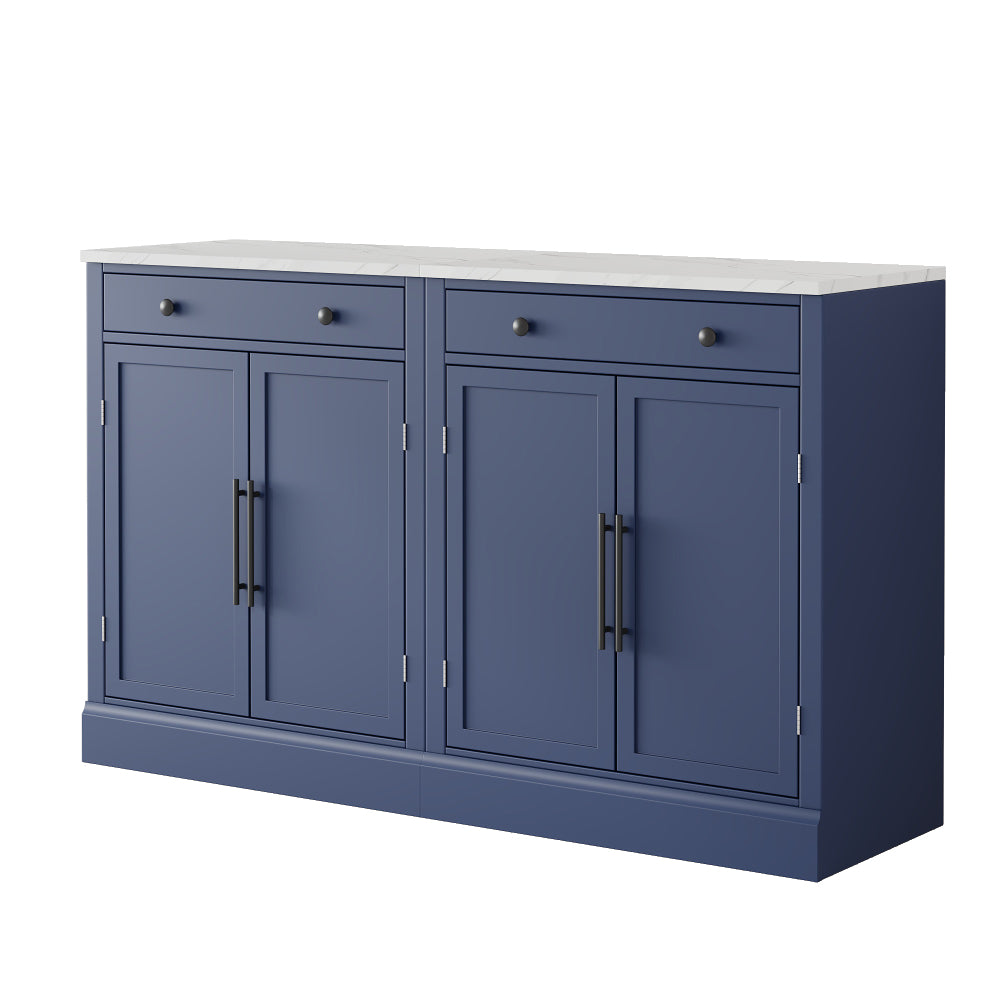 Modern White Sideboard Cabinet Set with Faux Marble Top & Gold Hardware - TimberFlare
