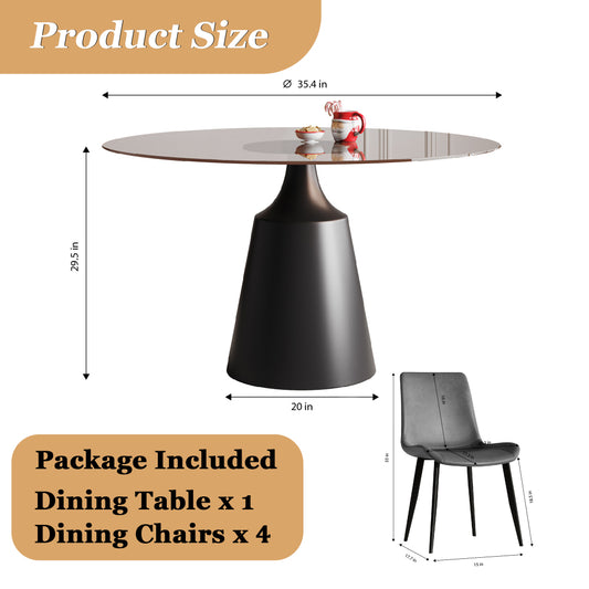 35-Inch Dining Table Set Round Black Glass Table with 4 Gray Ergonomic Chairs