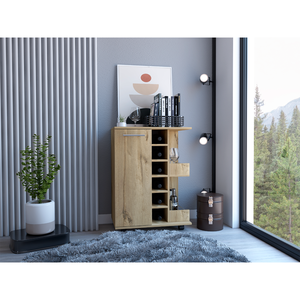 Light Gray Oak Bar Cart with Wine Storage & Cabinet - TimberFlare