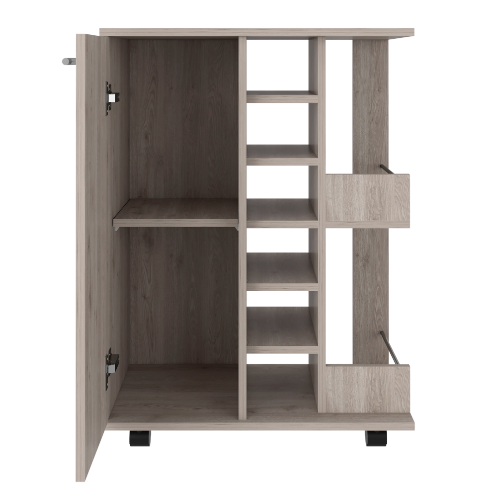 Light Gray Oak Bar Cart with Wine Storage & Cabinet - TimberFlare
