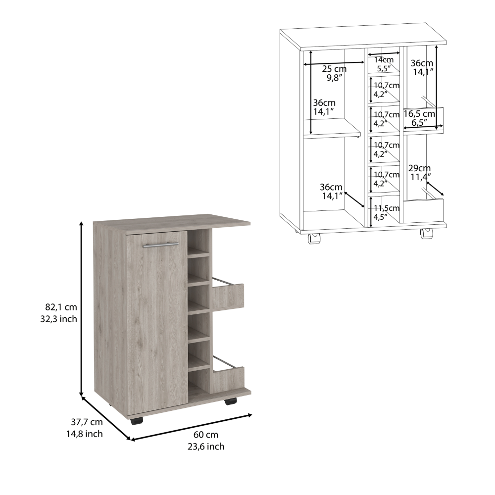 Light Gray Oak Bar Cart with Wine Storage & Cabinet - TimberFlare