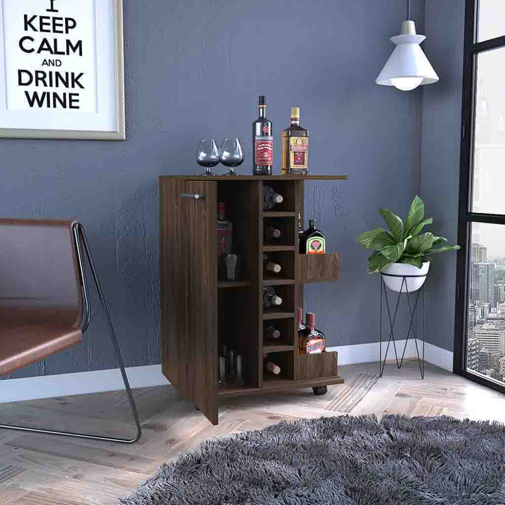 Light Gray Oak Bar Cart with Wine Storage & Cabinet - TimberFlare