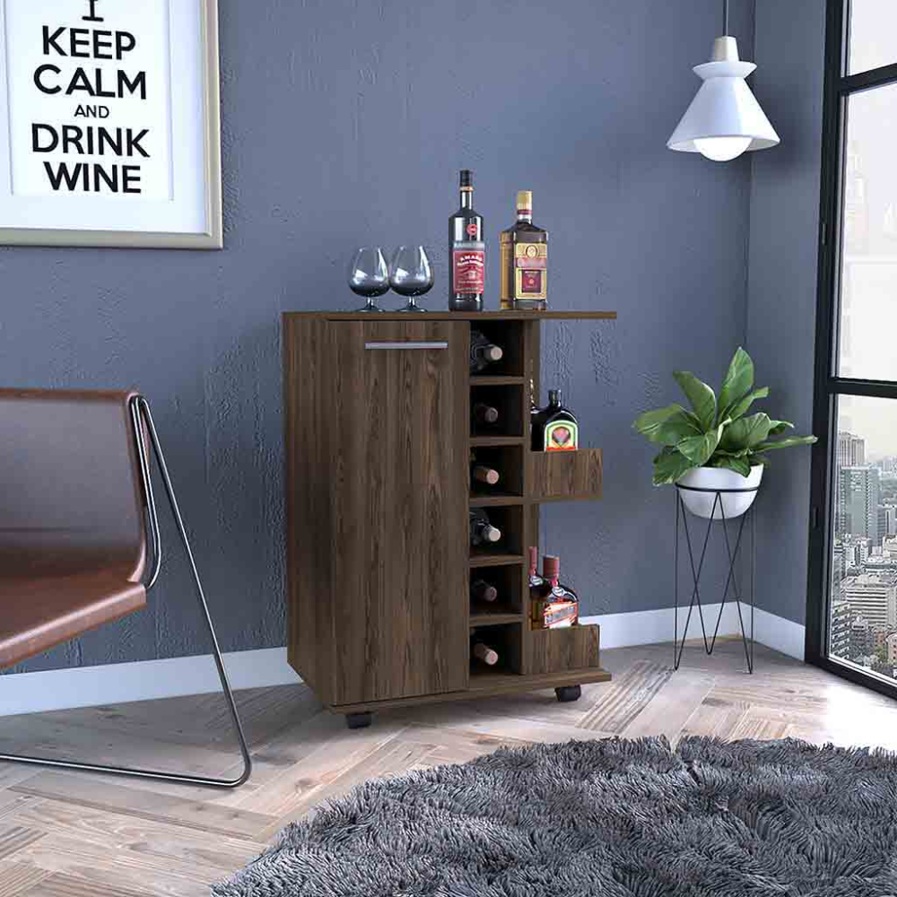 Light Gray Oak Bar Cart with Wine Storage & Cabinet - TimberFlare