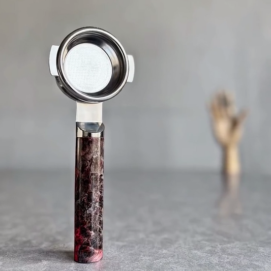 Crimson Burl Artisan Bottomless Portafilter wood, resin, or metal material detail close-up alternate view