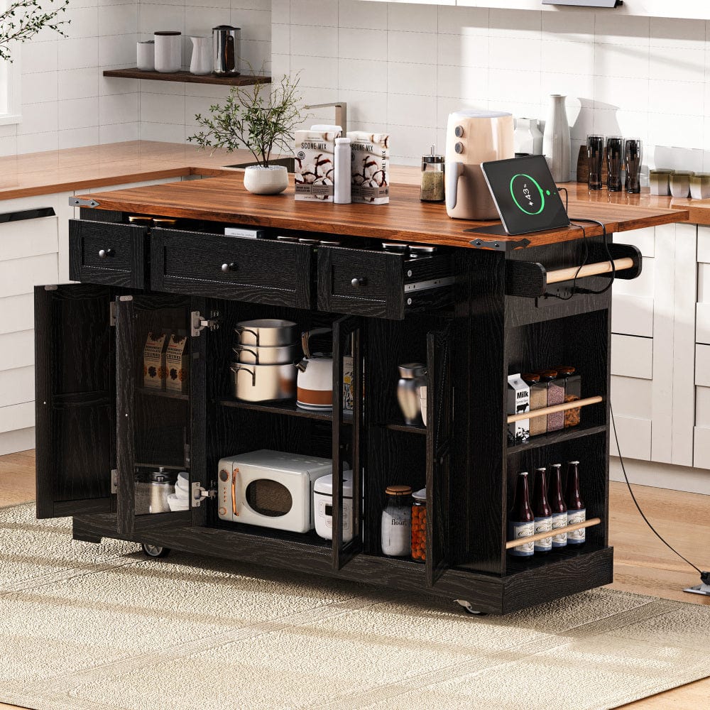 Mobile Kitchen Island with Drop Leaf, Power Outlet & Ample Storage – 53"W x 29.5"D x 36"H - TimberFlare