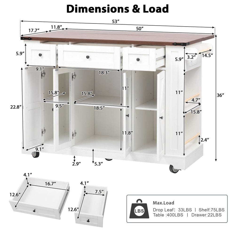 Mobile Kitchen Island with Drop Leaf, Power Outlet & Ample Storage – 53"W x 29.5"D x 36"H