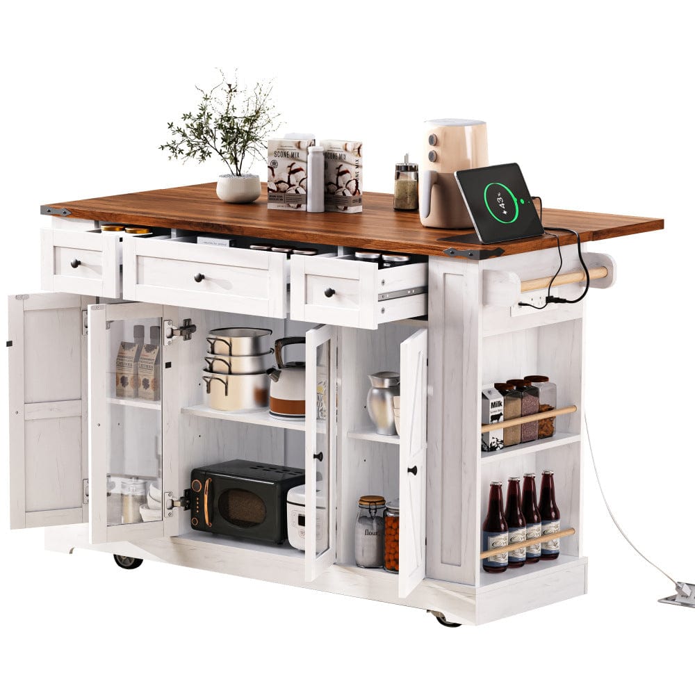Mobile Kitchen Island with Drop Leaf, Power Outlet & Ample Storage – 53"W x 29.5"D x 36"H