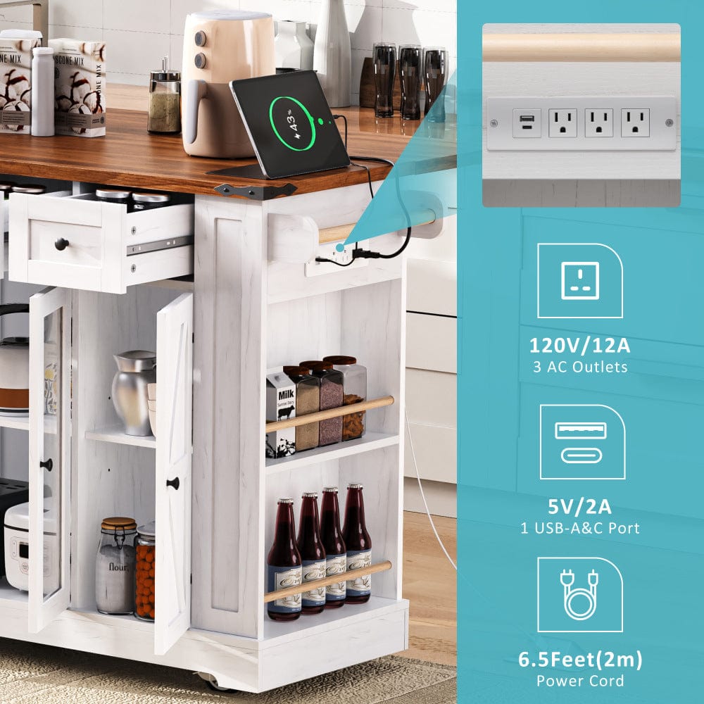 Mobile Kitchen Island with Drop Leaf, Power Outlet & Ample Storage – 53"W x 29.5"D x 36"H