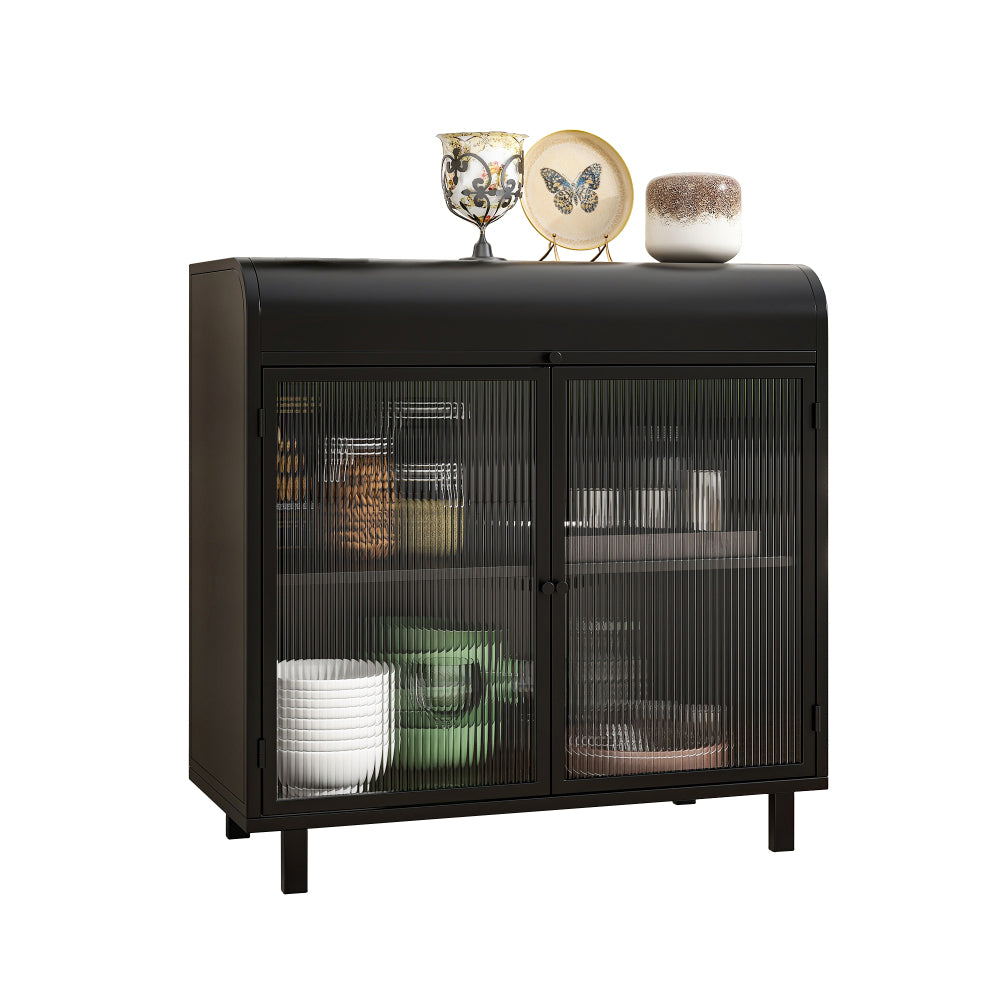 Industrial Flip-Top Sideboard Cabinet with Fluted Glass Doors - TimberFlare