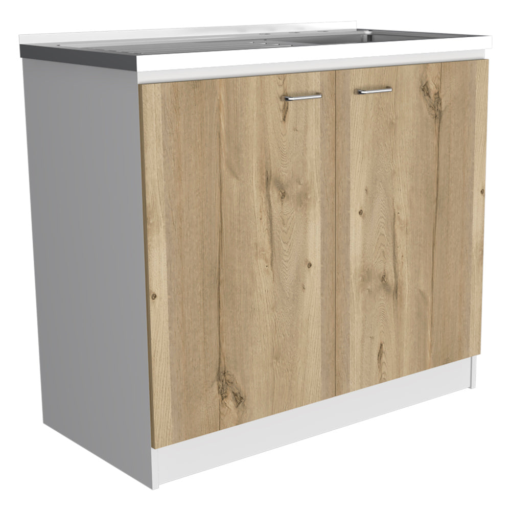 White & Oak Coffee Bar Cabinet with Sink & Stainless Steel Top - TimberFlare