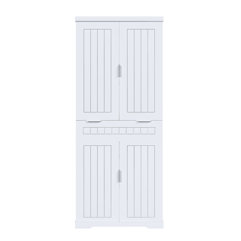 White Farmhouse Pantry Cabinet with Door Racks & Drawer - TimberFlare
