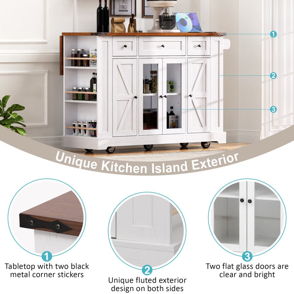 Mobile Kitchen Island with Drop Leaf, Power Outlet & Ample Storage – 53"W x 29.5"D x 36"H