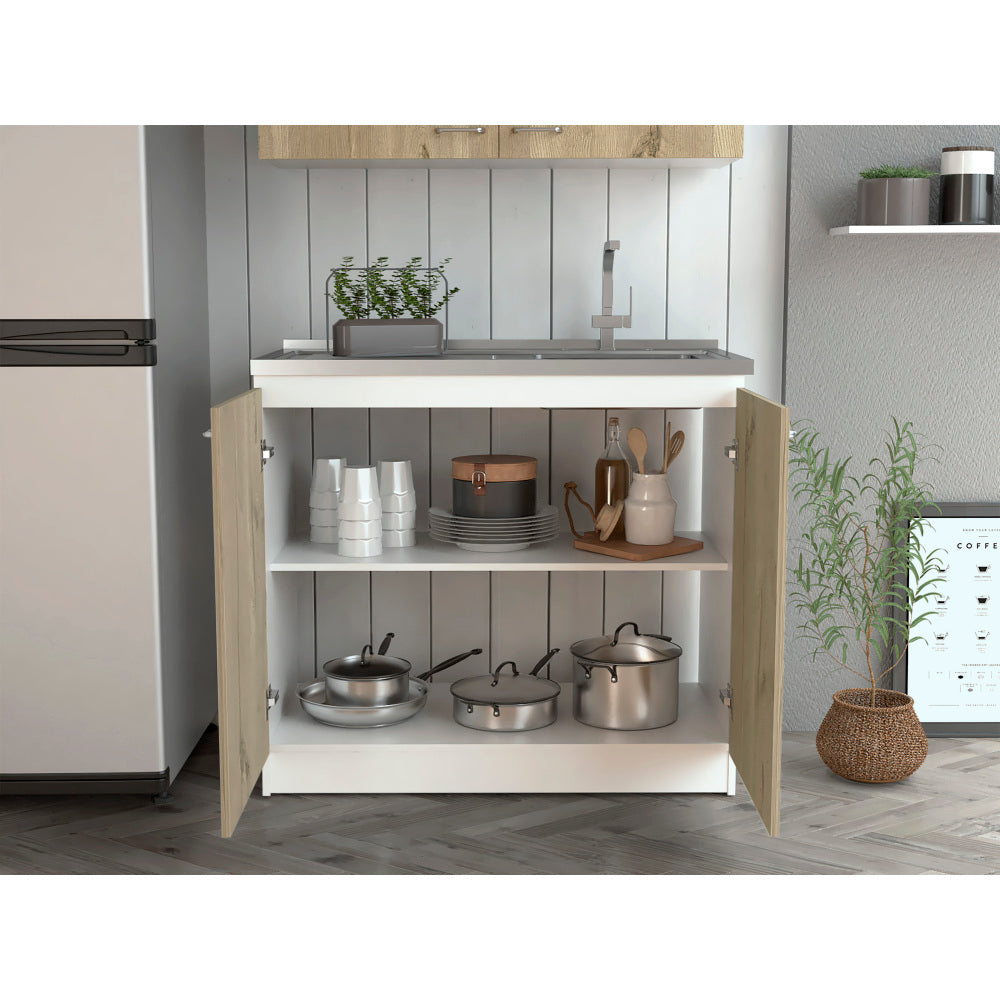 White & Oak Coffee Bar Cabinet with Sink & Stainless Steel Top - TimberFlare