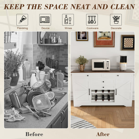 Farmhouse Bar Cabinet with Wine Rack & 54″ Walnut Coffee Station Top - TimberFlare