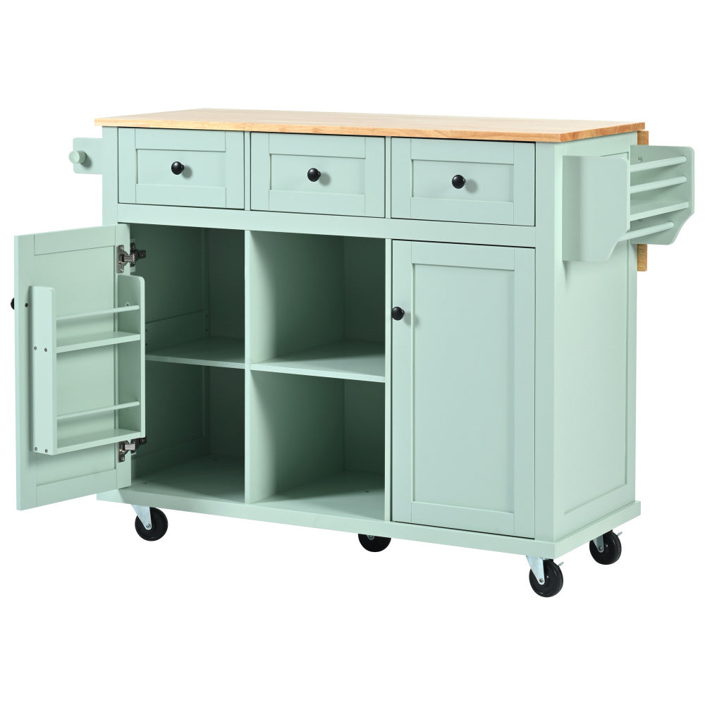 53.1″ Rolling Kitchen Island with Rubberwood Drop-Leaf Countertop - TimberFlare