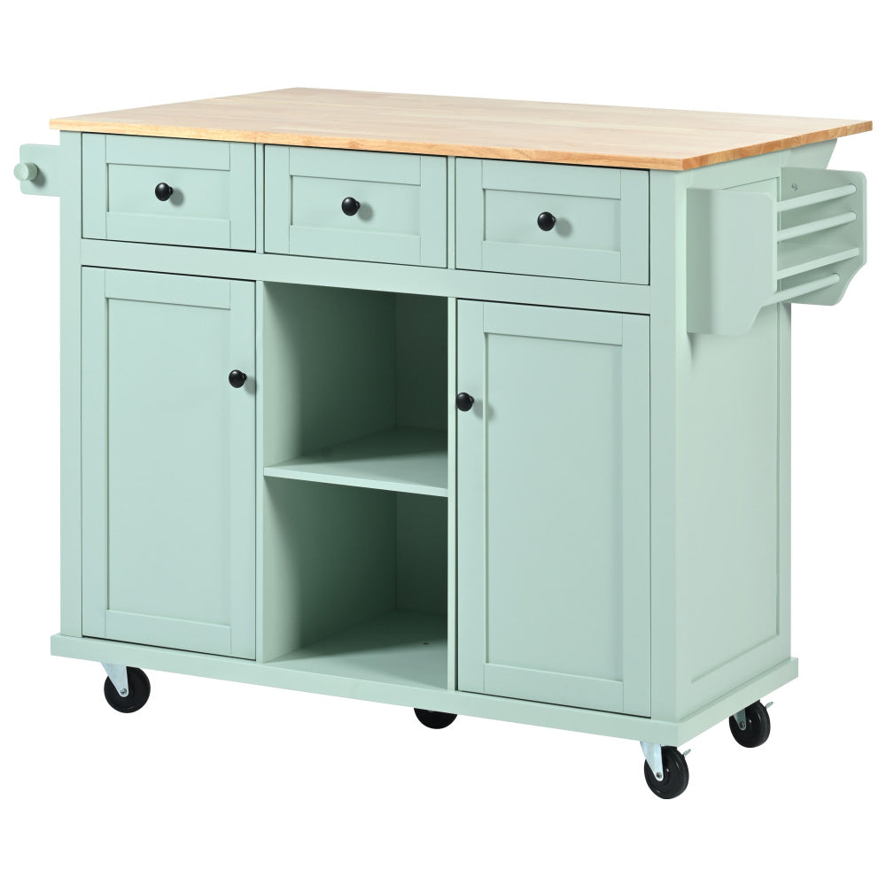 53.1″ Rolling Kitchen Island with Rubberwood Drop-Leaf Countertop - TimberFlare