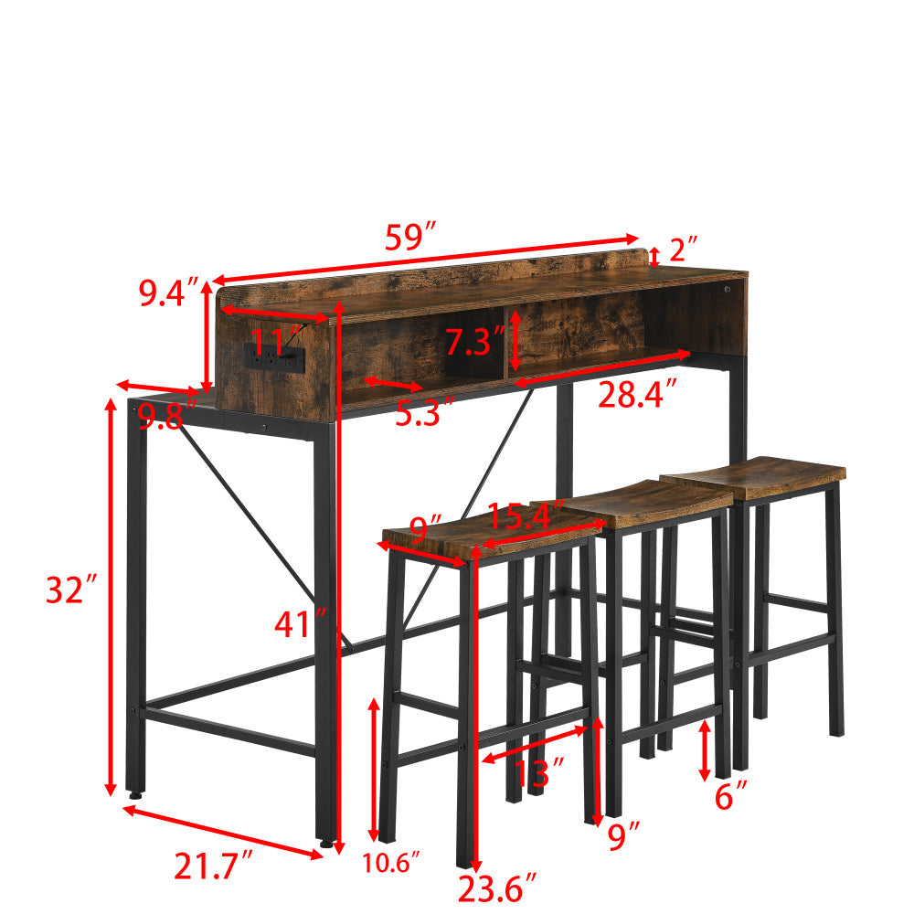 59" Bar Table and Chairs Set with LED Lights, Power Outlets & Stools - TimberFlare