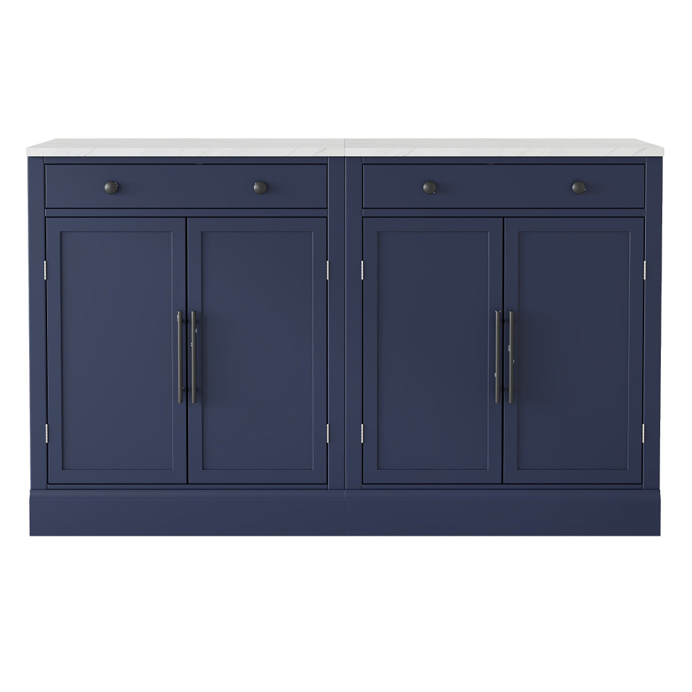 Modern White Sideboard Cabinet Set with Faux Marble Top & Gold Hardware - TimberFlare