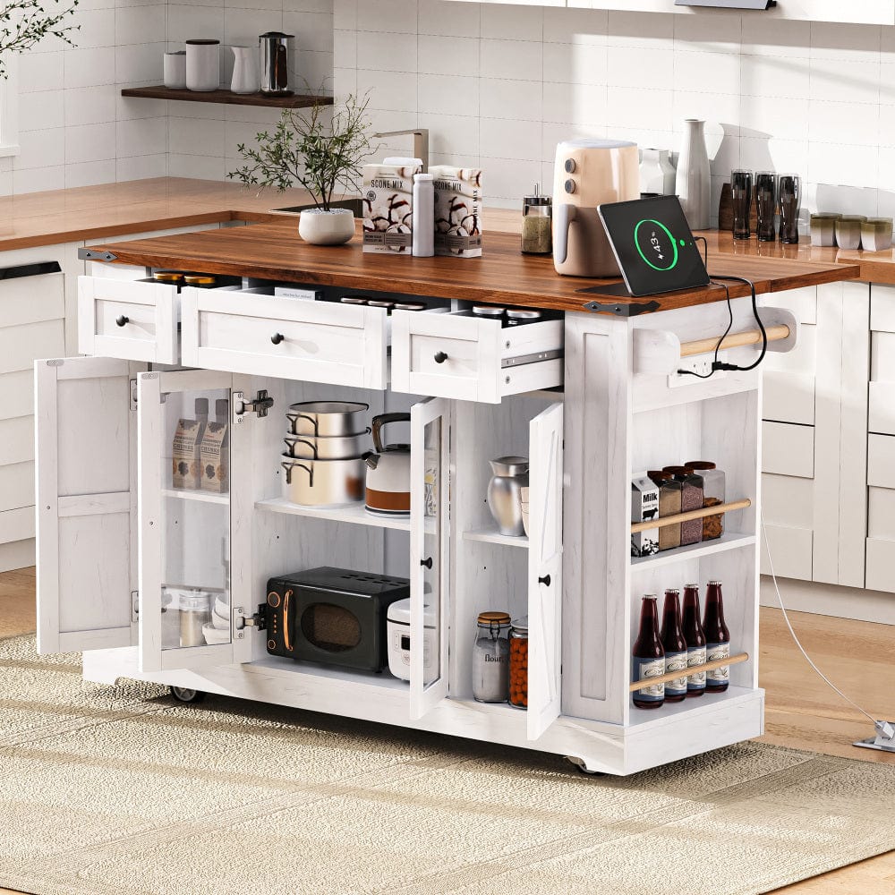 Mobile Kitchen Island with Drop Leaf, Power Outlet & Ample Storage – 53"W x 29.5"D x 36"H