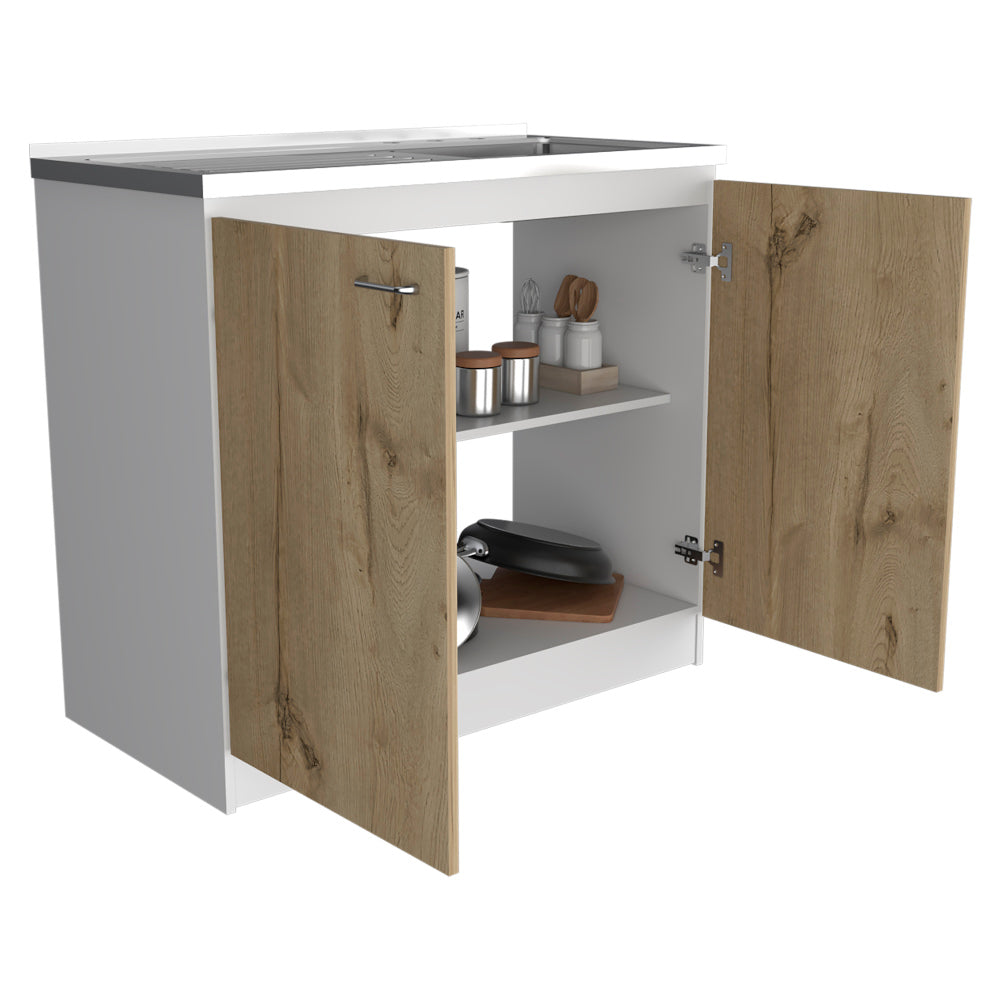 White & Oak Coffee Bar Cabinet with Sink & Stainless Steel Top - TimberFlare