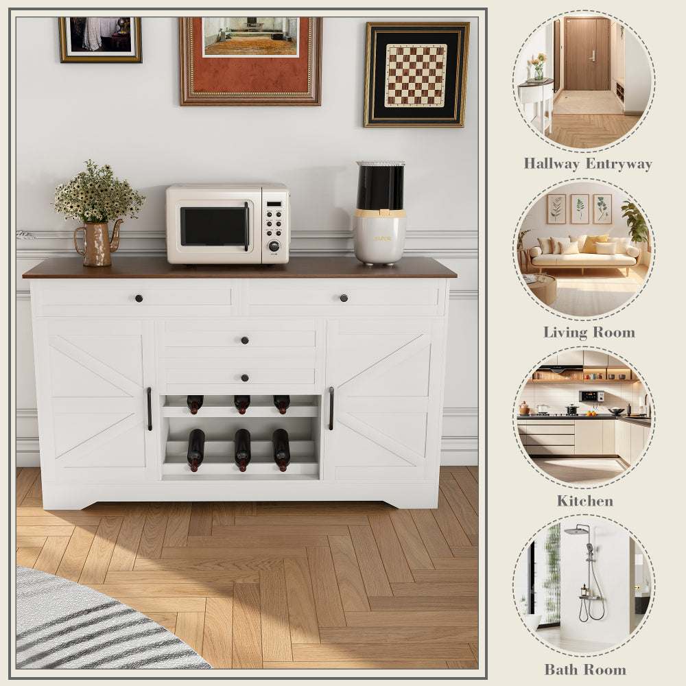 Farmhouse Bar Cabinet with Wine Rack & 54″ Walnut Coffee Station Top - TimberFlare