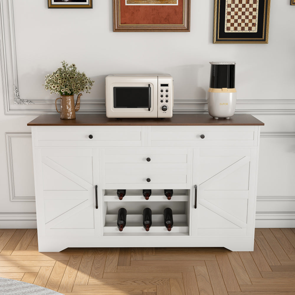 Farmhouse Bar Cabinet with Wine Rack & 54″ Walnut Coffee Station Top - TimberFlare