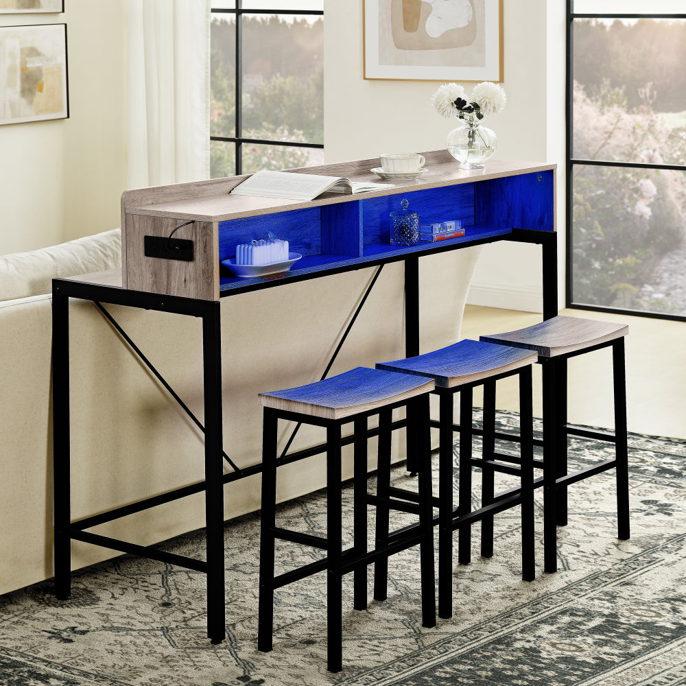 59" Bar Table and Chairs Set with LED Lights, Power Outlets & Stools - TimberFlare