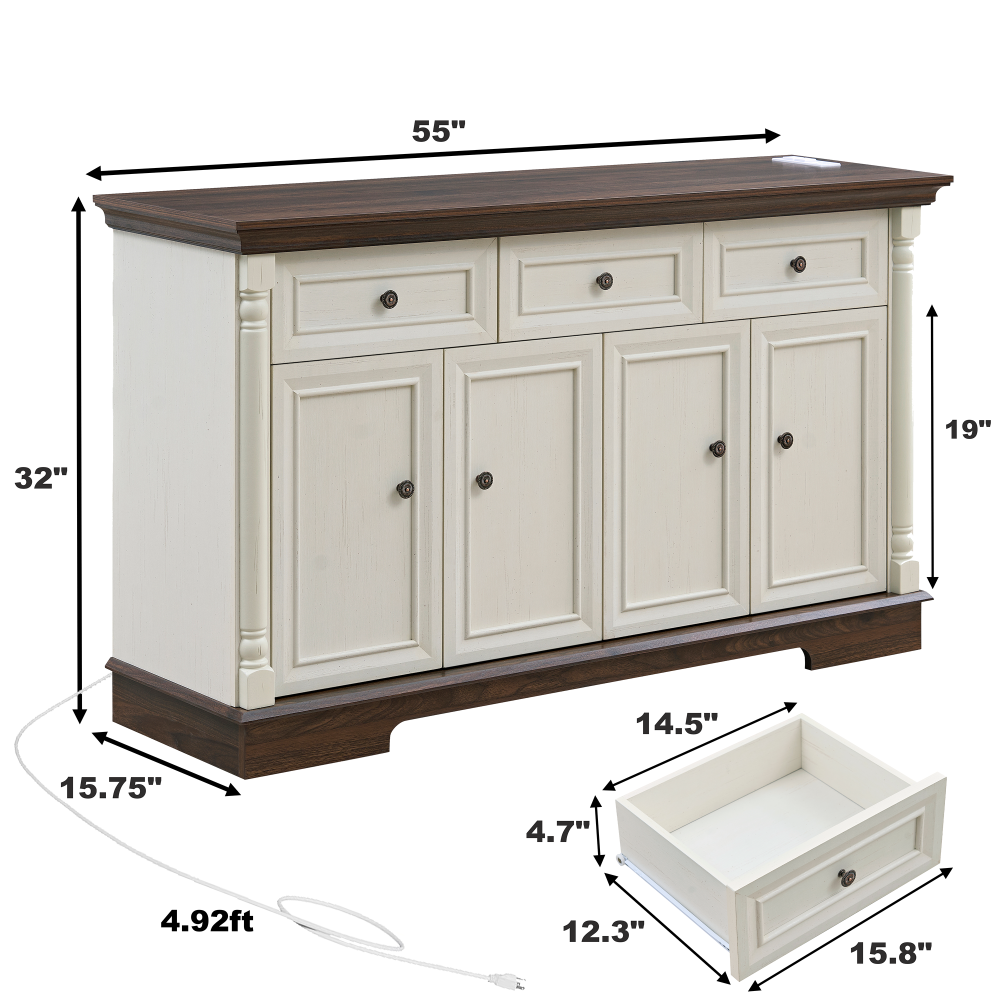 55″ Farmhouse Sideboard with Roman Column Detail, White & Walnut - TimberFlare