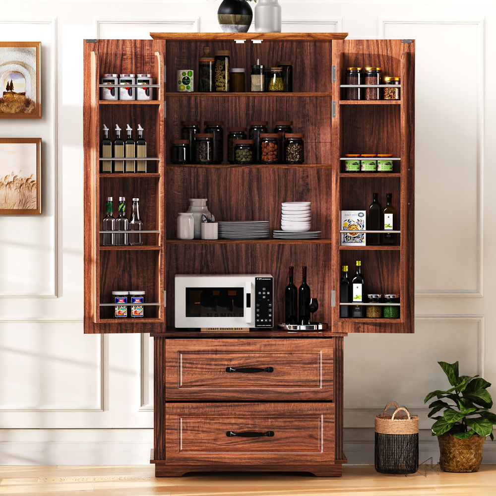 Walnut Pantry Cabinet with Pull-Out Shelves & Door Racks - TimberFlare