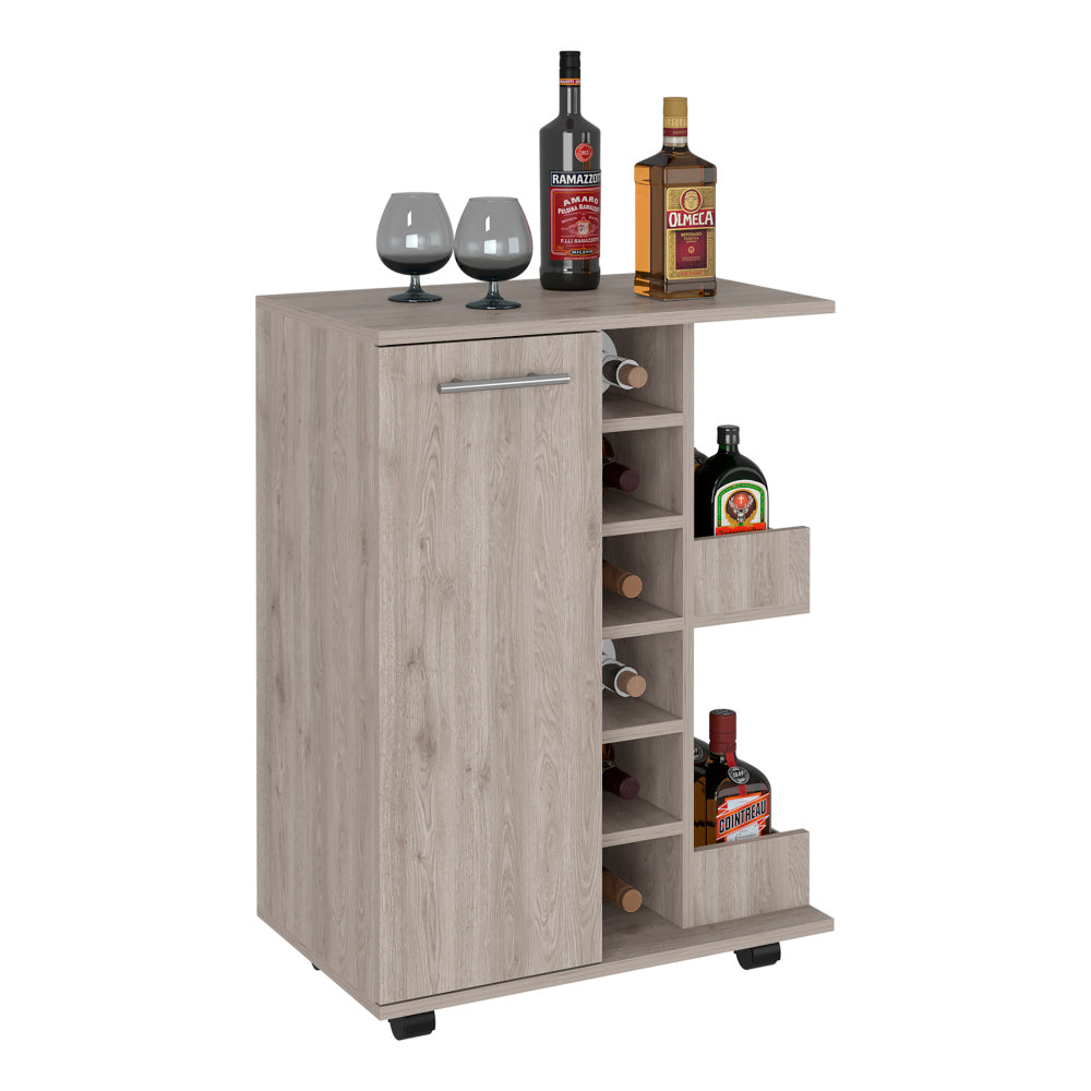 Light Gray Oak Bar Cart with Wine Storage & Cabinet - TimberFlare