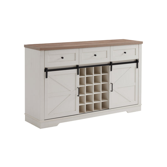 Antique White Farmhouse Bar Cabinet with 20-Bottle Wine Rack & Sliding Doors - TimberFlare