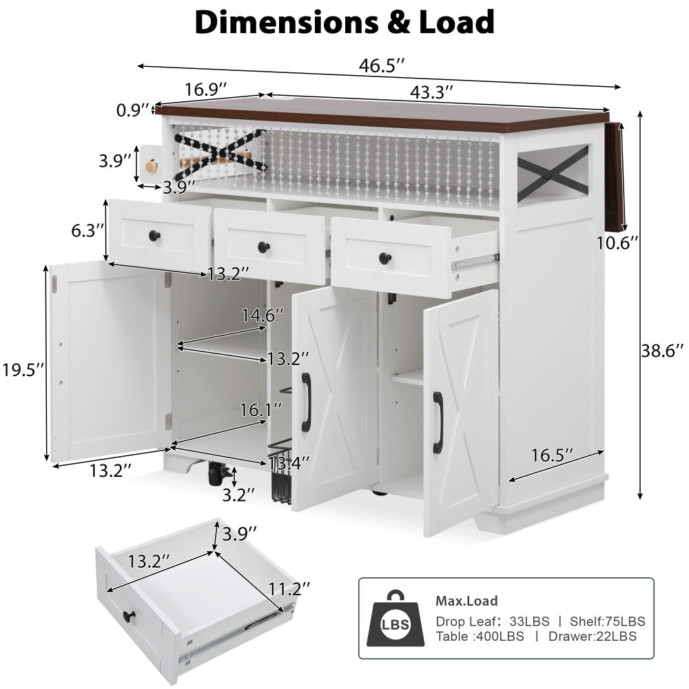 46.5 Rolling Kitchen Island with Drop Leaf & Charging - TimberFlare