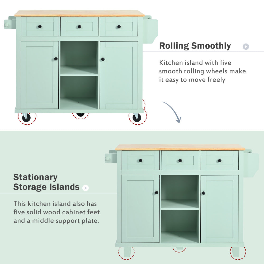 53.1″ Rolling Kitchen Island with Rubberwood Drop-Leaf Countertop - TimberFlare