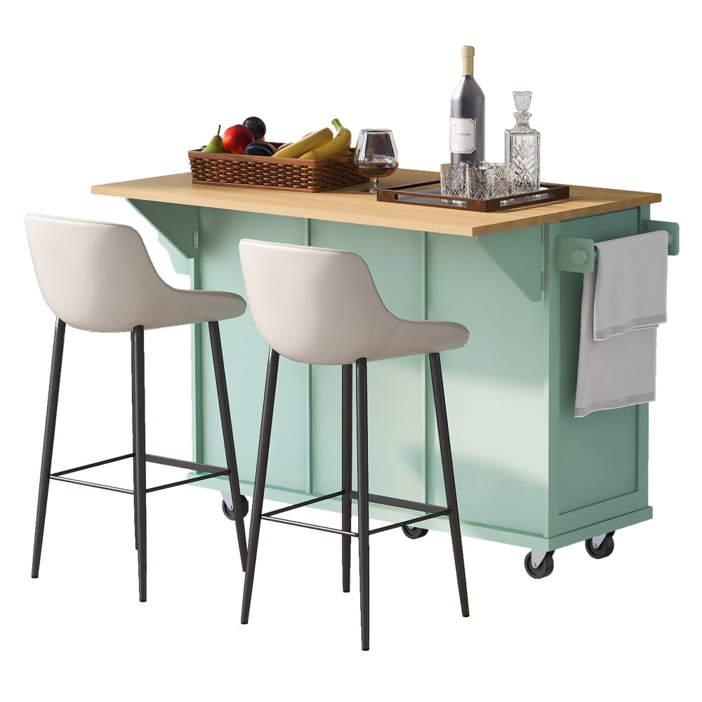 53.1″ Rolling Kitchen Island with Rubberwood Drop-Leaf Countertop - TimberFlare