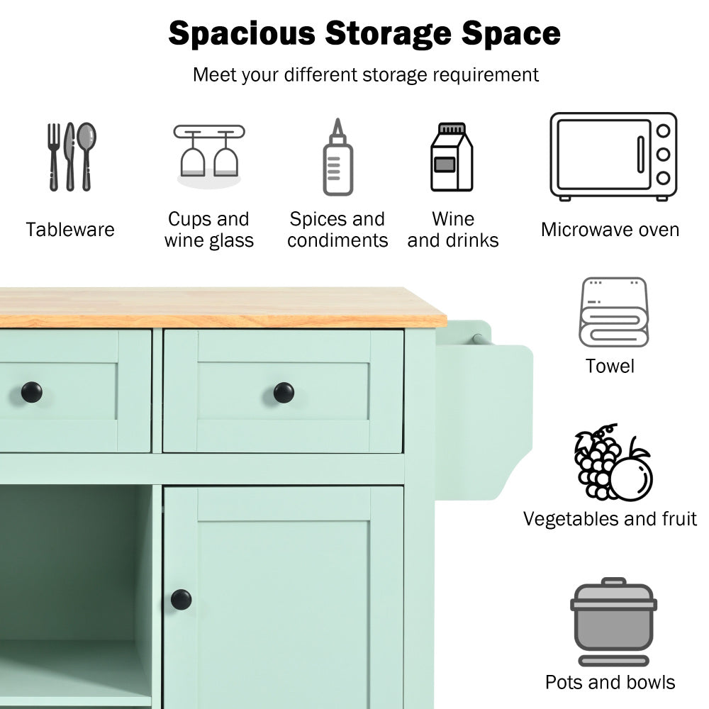 53.1″ Rolling Kitchen Island with Rubberwood Drop-Leaf Countertop - TimberFlare