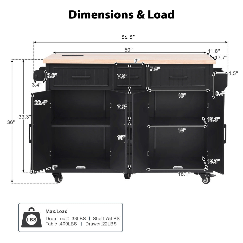 56.5" Rolling Kitchen Island with Charging - TimberFlare