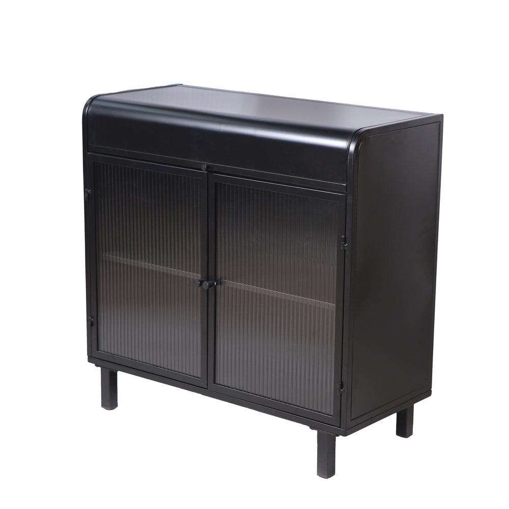 Industrial Flip-Top Sideboard Cabinet with Fluted Glass Doors - TimberFlare