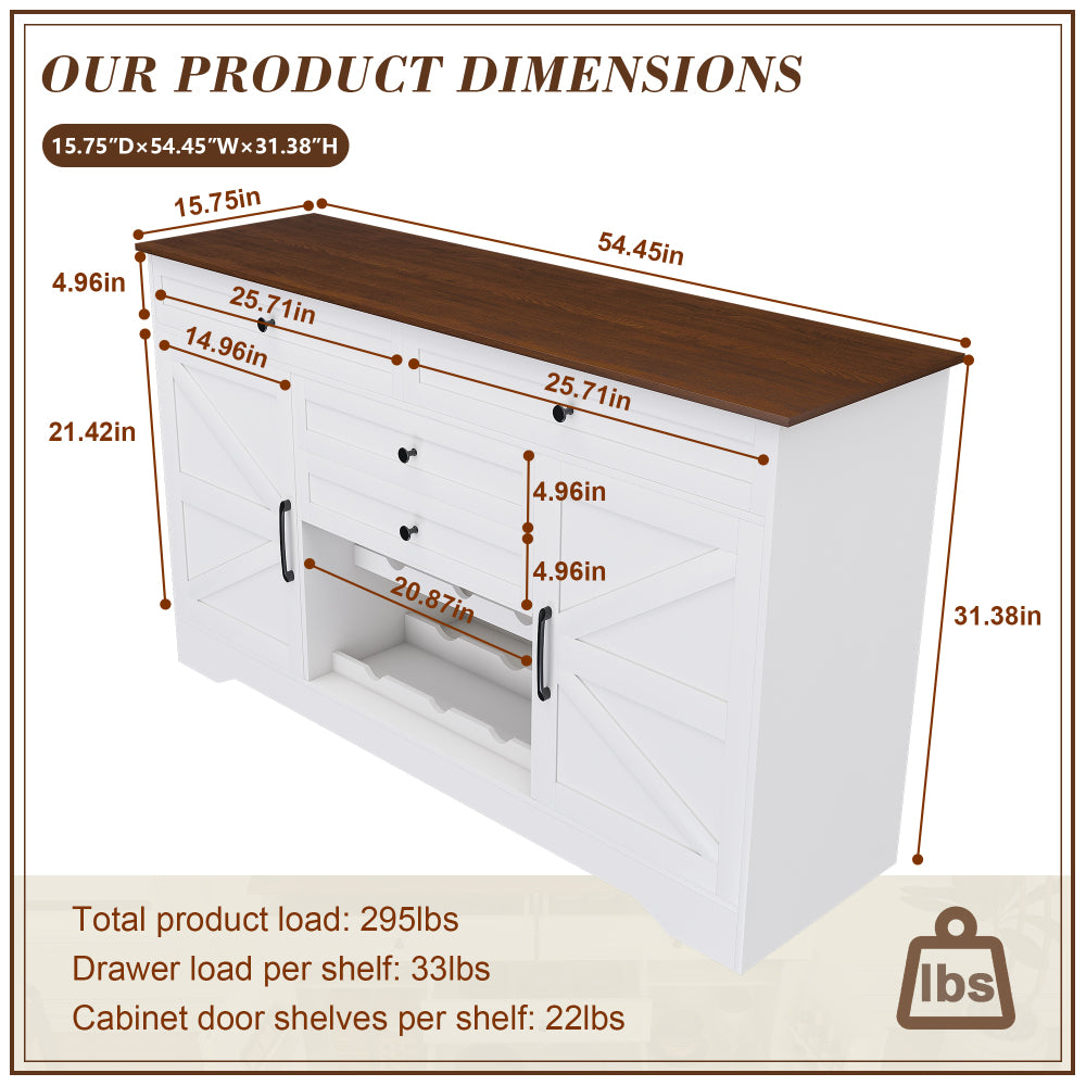 Farmhouse Bar Cabinet with Wine Rack & 54″ Walnut Coffee Station Top - TimberFlare
