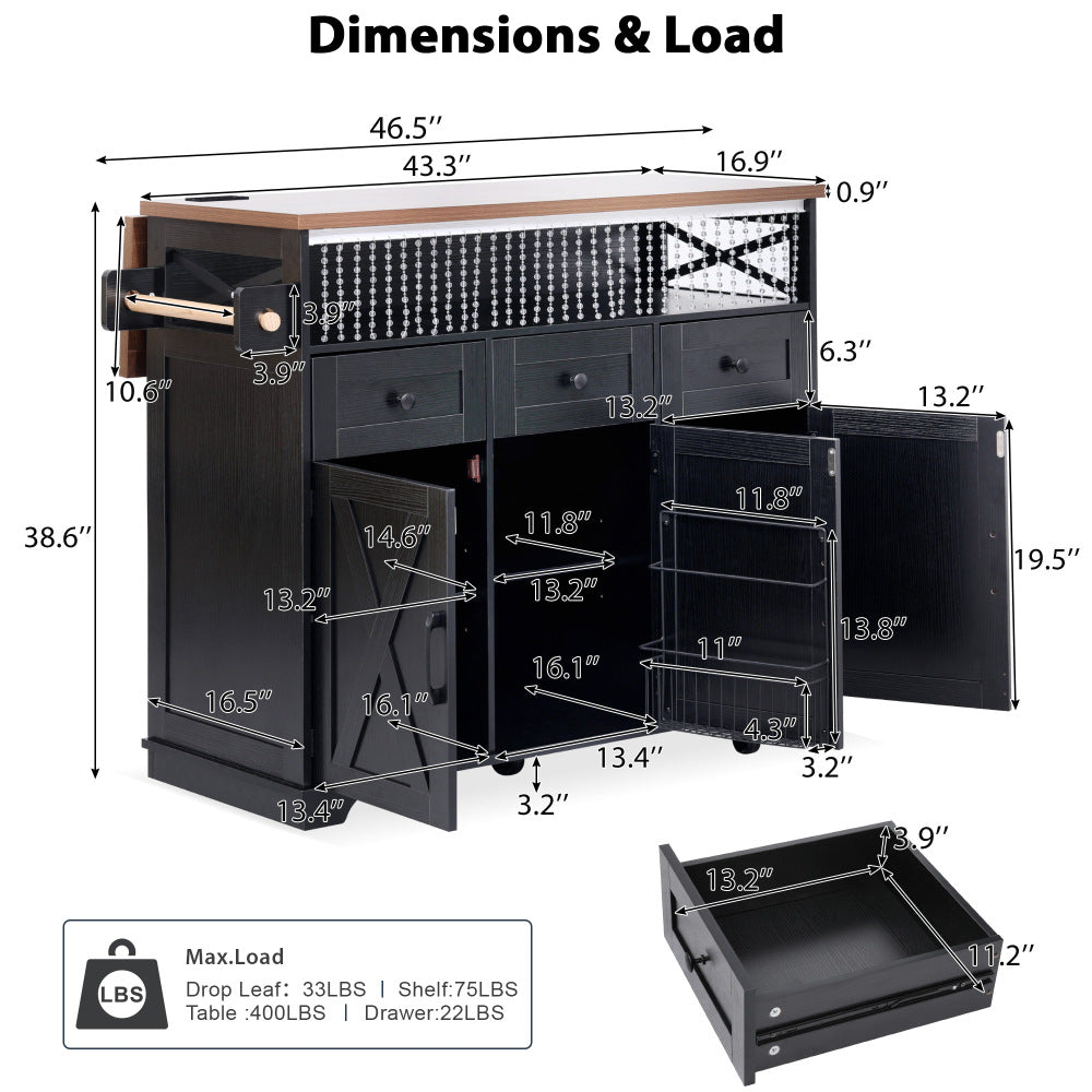 46.5 Rolling Kitchen Island with Drop Leaf & Charging - TimberFlare