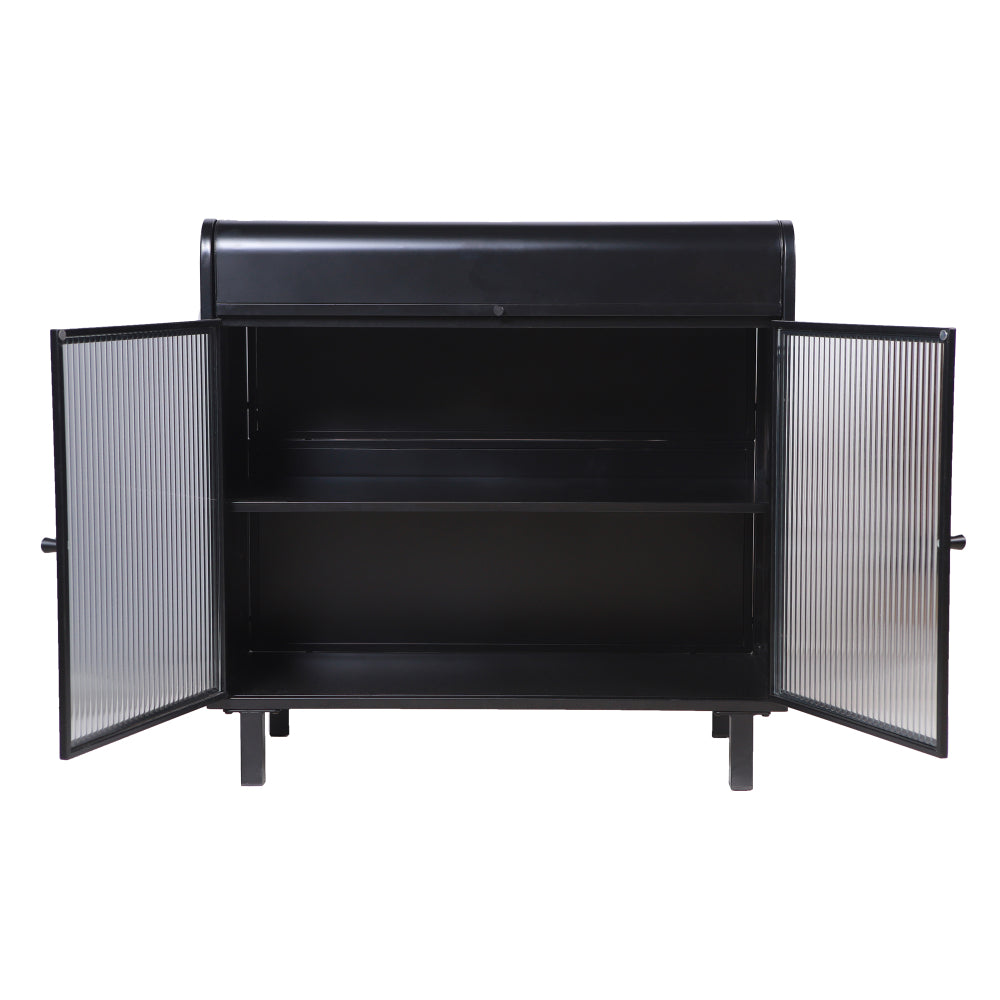 Industrial Flip-Top Sideboard Cabinet with Fluted Glass Doors - TimberFlare