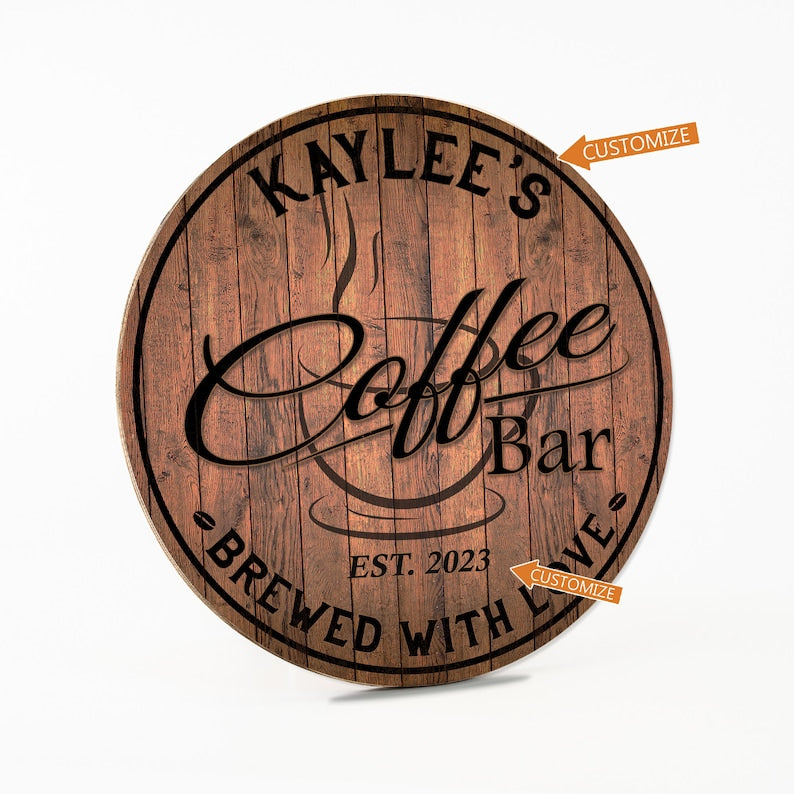 TimberFlare Personalized Round Coffee Bar Sign - TimberFlare